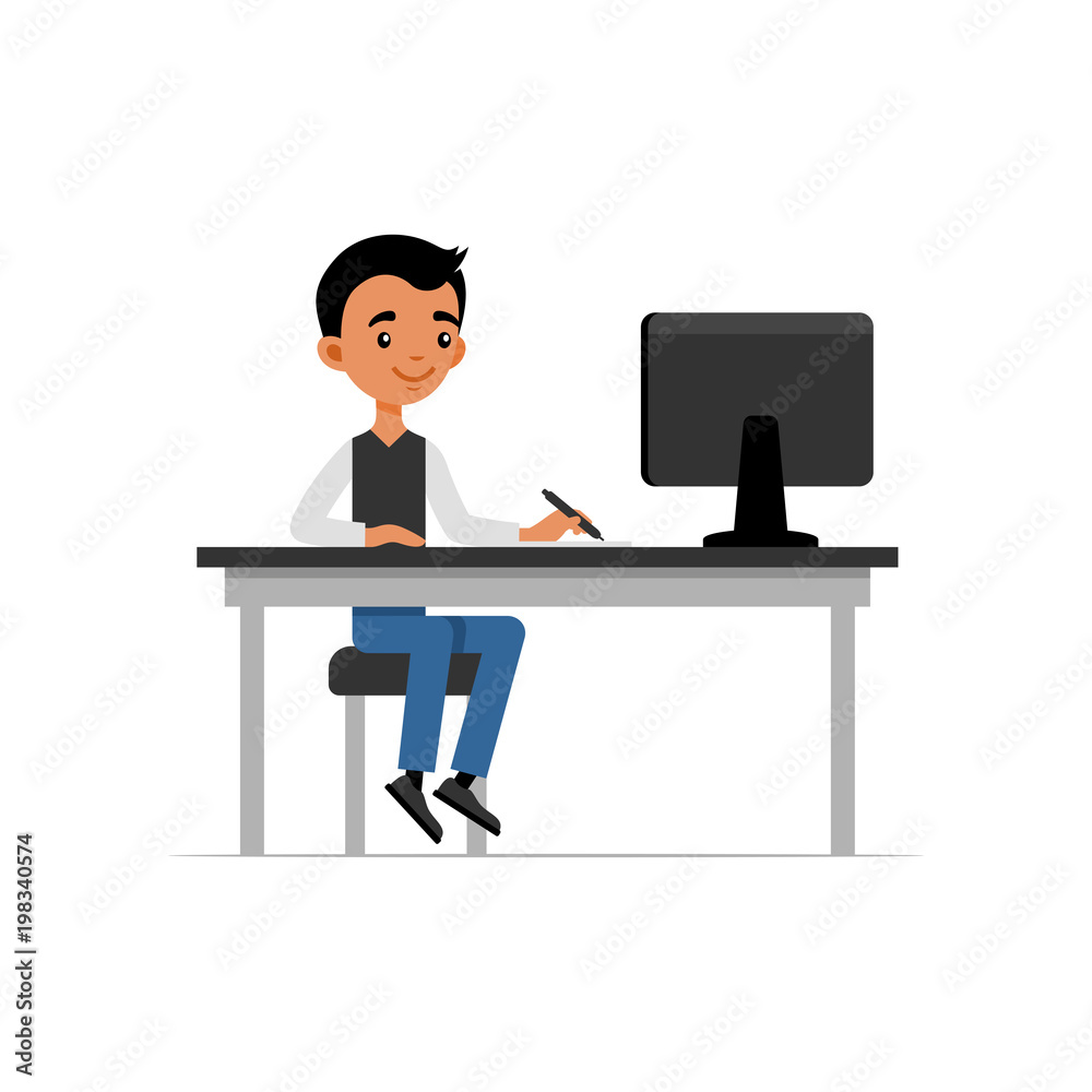 Cute Young Guy Sitting at Desk and Working on Computer. Flat Style Vector