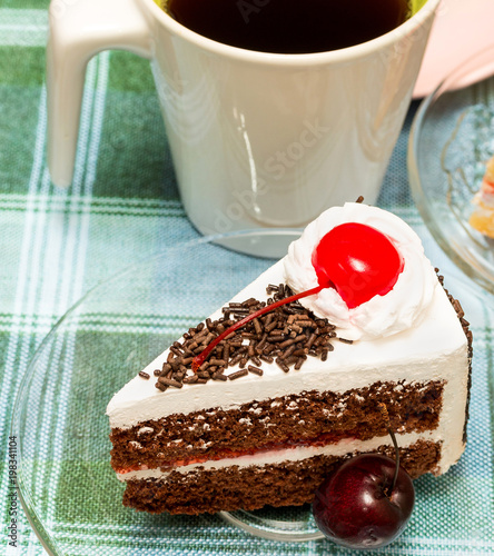 Black Forest Cake Shows Coffee Break And Beverage