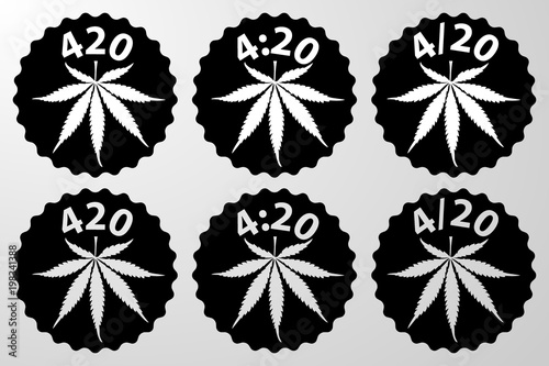 Marijuana leaf - 420, 4:20, 4/20 text black and white vector illustration, International day for cannabis, April 20,
