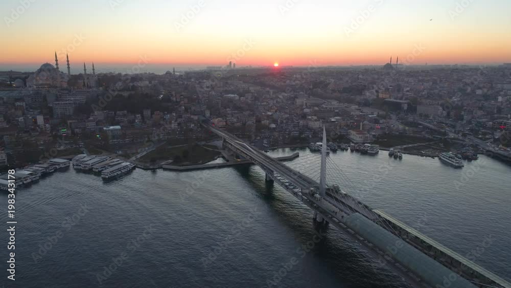 Aerial drone view of the Istanbul, Turkie. Bosphorus Halic bay. Sunset. Fly over the bridges. Aerial drone view of the Istanbul, Turkie. Bosphorus Halic bay. Sunset. Fly over the bridges.