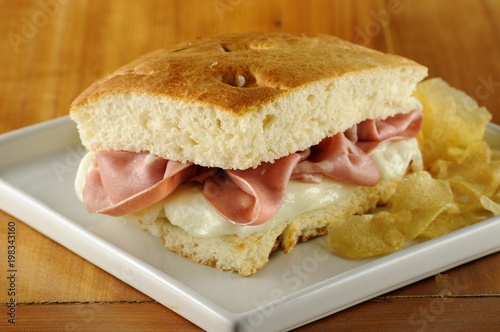 Focaccia Sandwich with ham and mozzarella