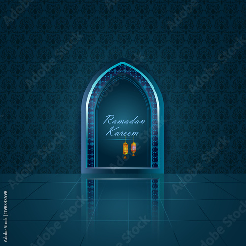Islamic design mosque door and window for Ramadan Kareem Happy Eid celebration background