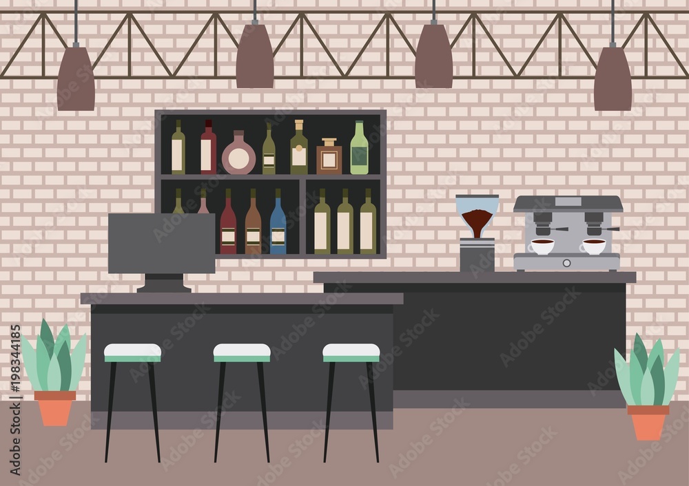 interior coffee shop - bar counter pc espresso machine shelf liquor plant vector illustration