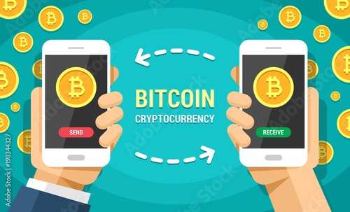 Two hands holding mobile phones with bitcoin cryptocurrency vector flat colored illustration. Bitcoins send and receive between smartphones
