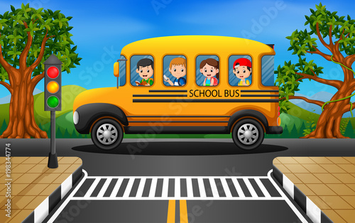 illustration of children of a school bus