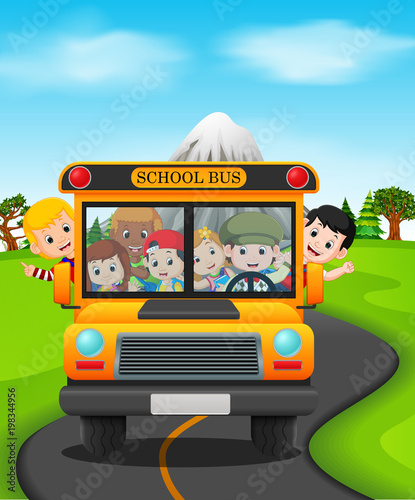 illustration of children of a school bus