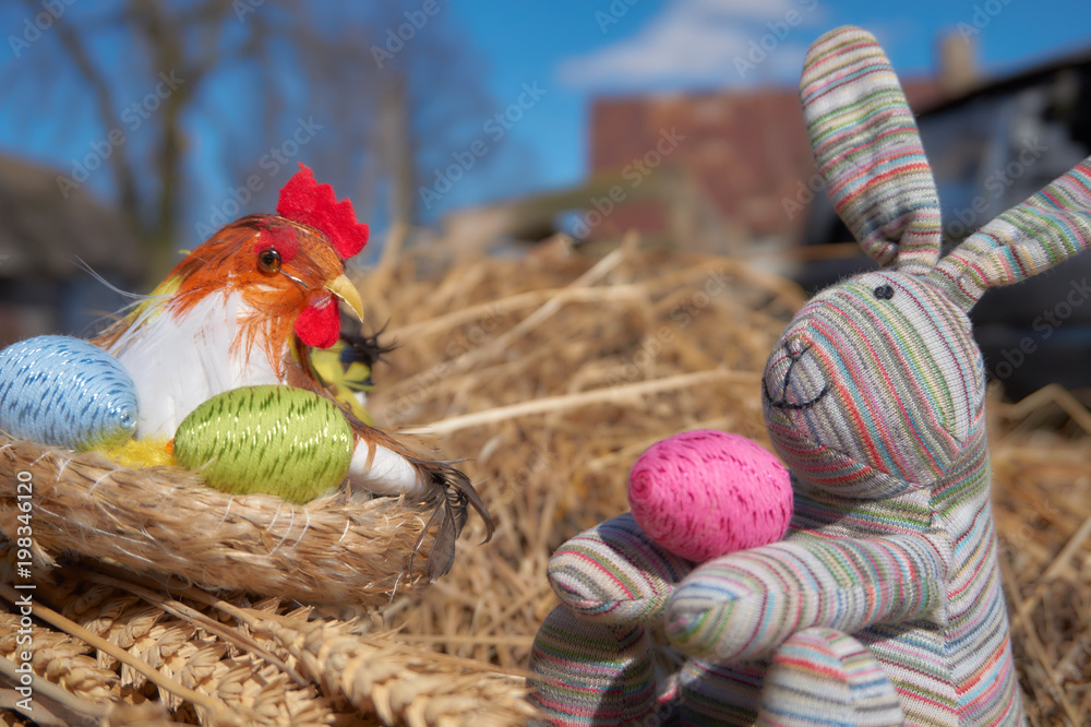 Easter chick decoration, colorful easter eggs, rabbit