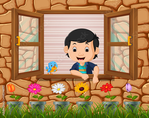 Illustration of a boy at the window with birds