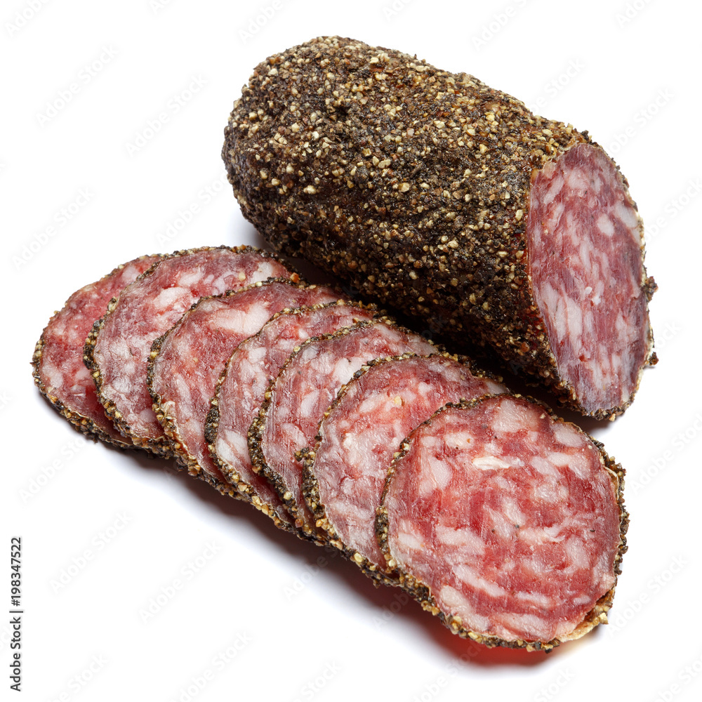 Dried organic salami sausage covered with pepper on white background Dried organic salami sausage covered with pepper on white background