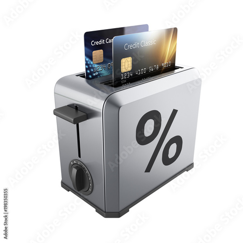 Modern concept of fast loans and payments Credit cards in the toaster with drawn percent isolated on white background 3d render without shadow