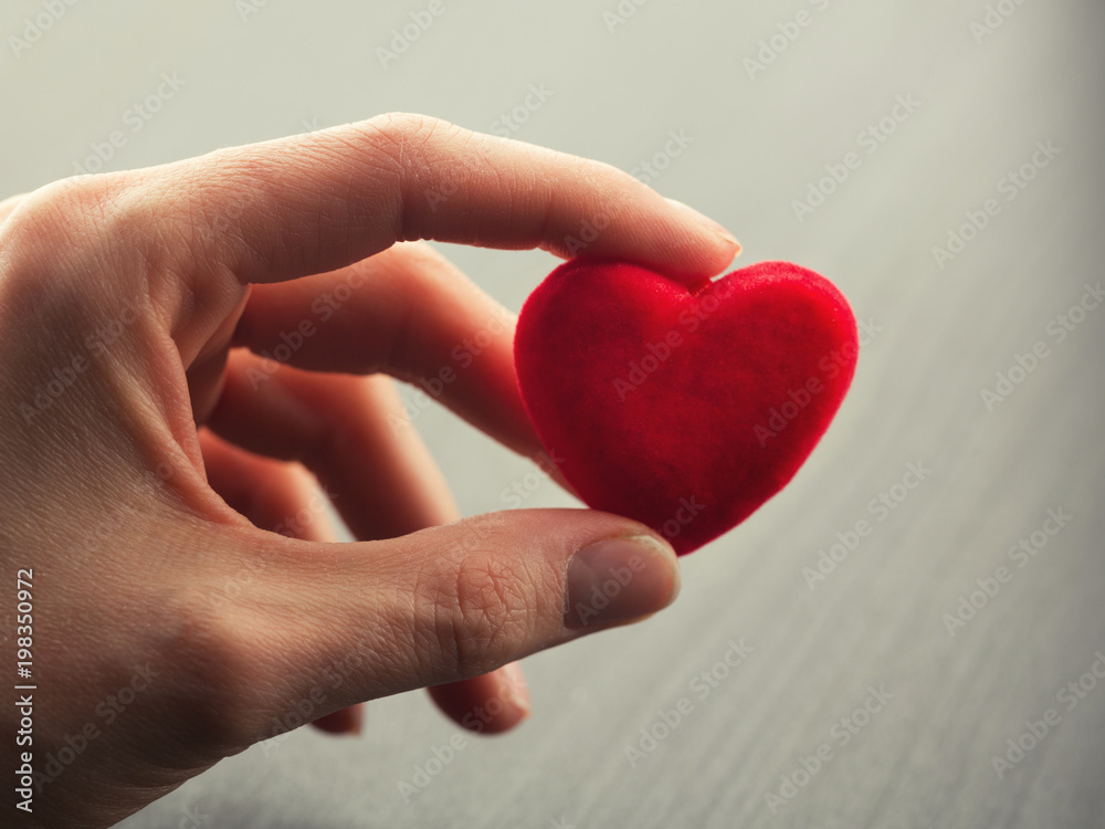 Fototapeta premium Hand holding small bright red heart