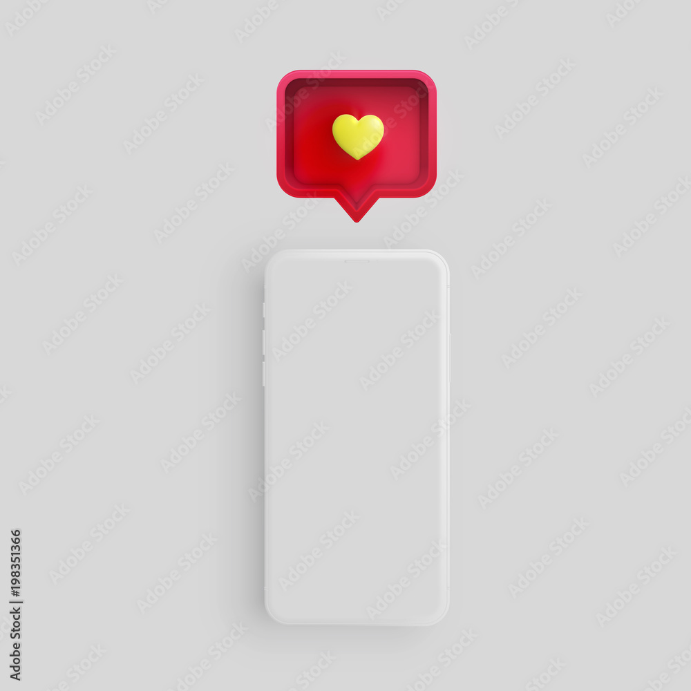 Realistic matte phone with 3D heart and speech bubble, vector illustration Realistic matte phone with 3D heart and speech bubble, vector illustration