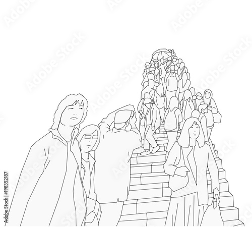 Stylized illustration of tourists climbing old stairs and souvenir shopping sightseeing in black and white