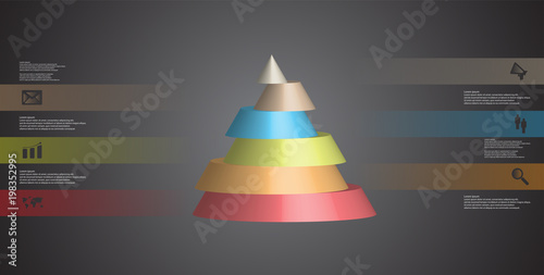 3D illustration infographic template with cone horizontally sliced to six shifted parts