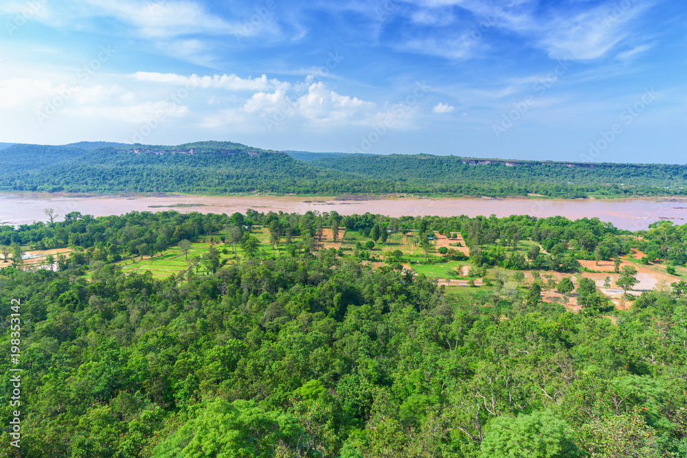 Landscape of rainforest, Beautiful Mekong river with blue sky at Thailand.
