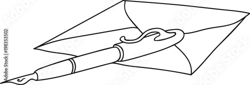 Hand Drawn Doodle Sketch Line Art Vector Illustration of Old Style Fountain Pen and Envelope. Emblem Poster Banner Black Outline Design Element Template