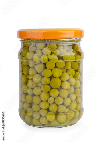 Glass jar with preserved green peas