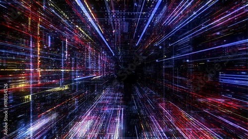 Abstract digital abstract virtual city. Scanning city for hackers attack concept. Software developer, programming, binary computer code with technology and connection concept. 3D render 4K loop