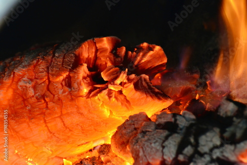 The hot heat in the oven, the flames from burning coals and firewood