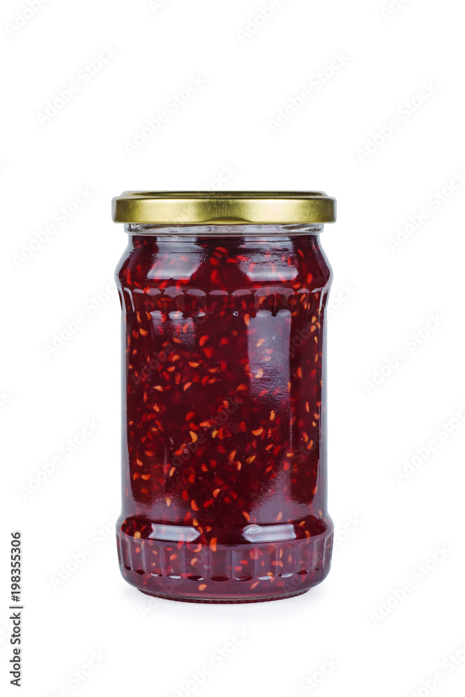 Glass jar with raspberry jam isolated on the white background Glass jar with raspberry jam isolated on the white background