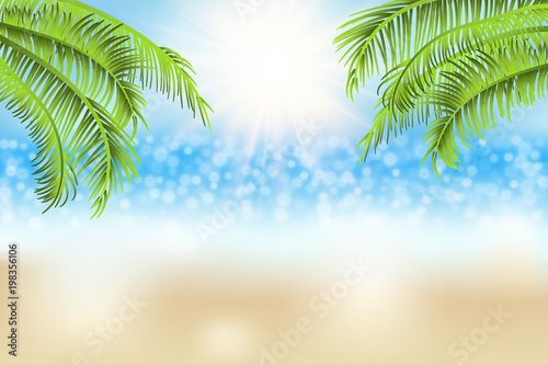 Blurred  defocused sea beach background  with palms  sunhine and bokeh. Vector illustration.