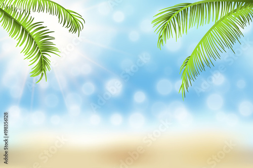 Blurred, defocused sea beach background, with palms, sunhine and bokeh. Vector illustration.