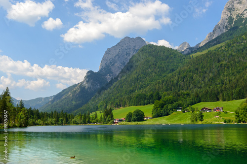 Königssee lake against mountains in sunny summer day
