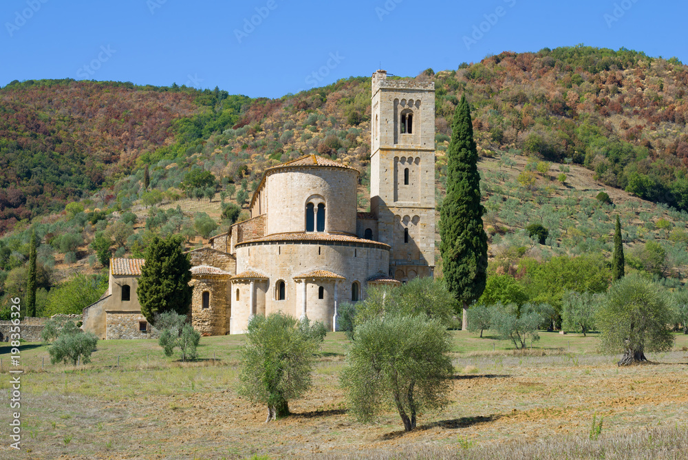 Medieval Abbey of San Antimo on a sunny day. Tuscany, Italy