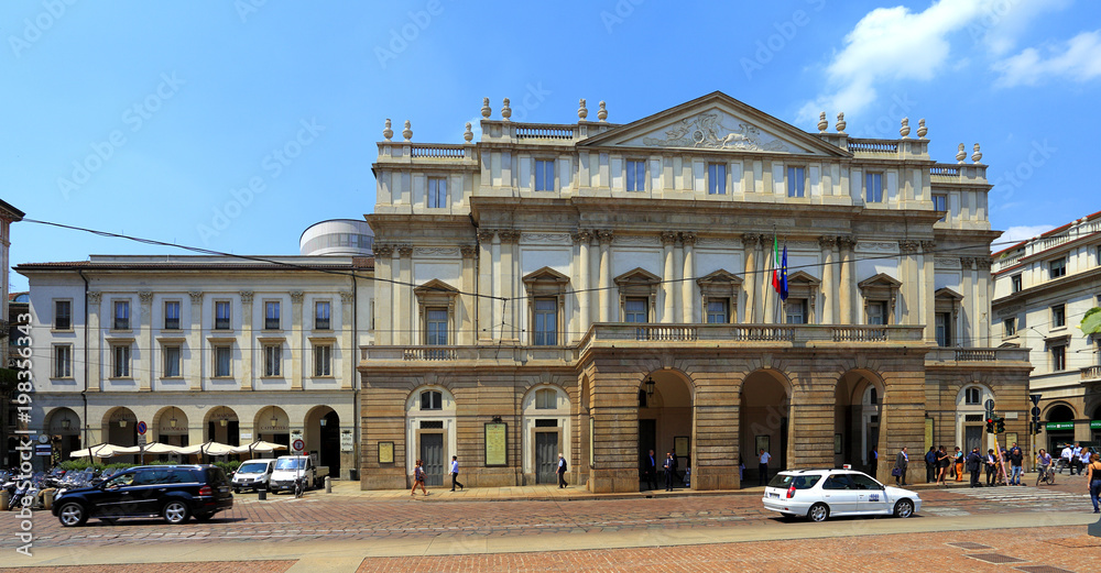 Naklejka premium Italy, Milan historic quarter - Teatro alla Scala, Opera La Scala building at Piazza della Scala