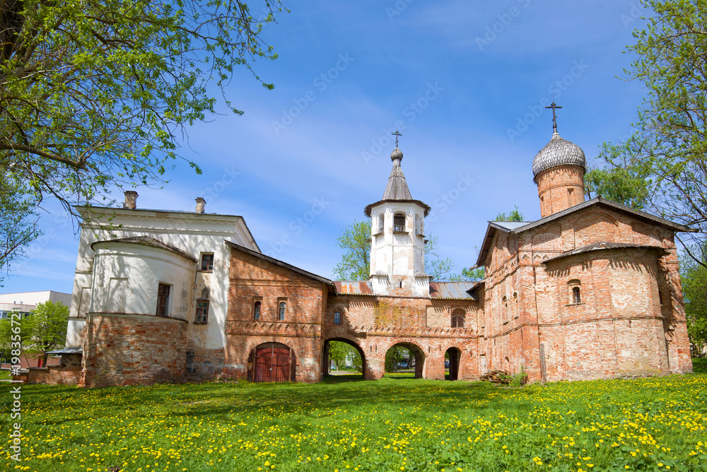 Old double Church ( Annunciation and of the Archangel Michael) on a Sunny may day. Veliky Novgorod, Russia