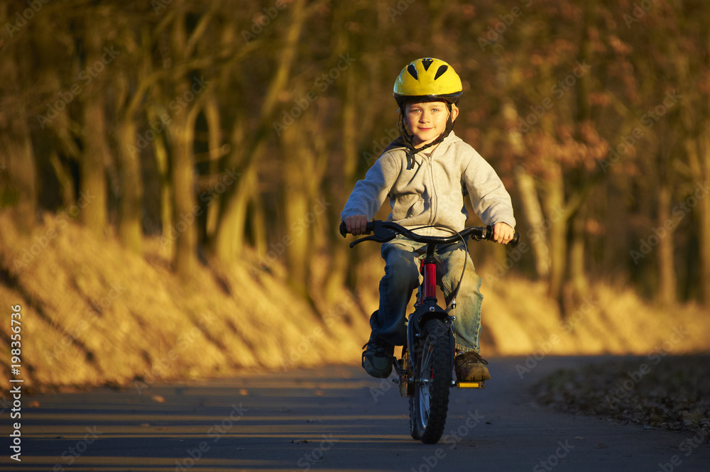 Young child boy ride bicycle on the road in the park with sunset light background