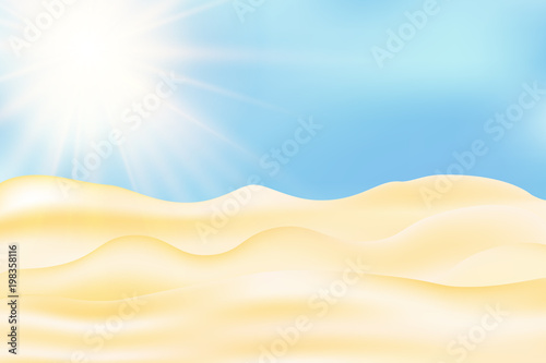 Deserd scene with send dunes, sunshine, blue sky. Vector illustration.