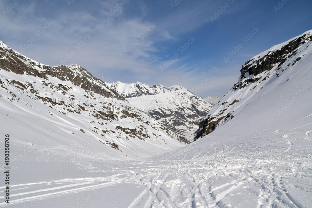 Tracce di sci sulla soffice e fresca neve