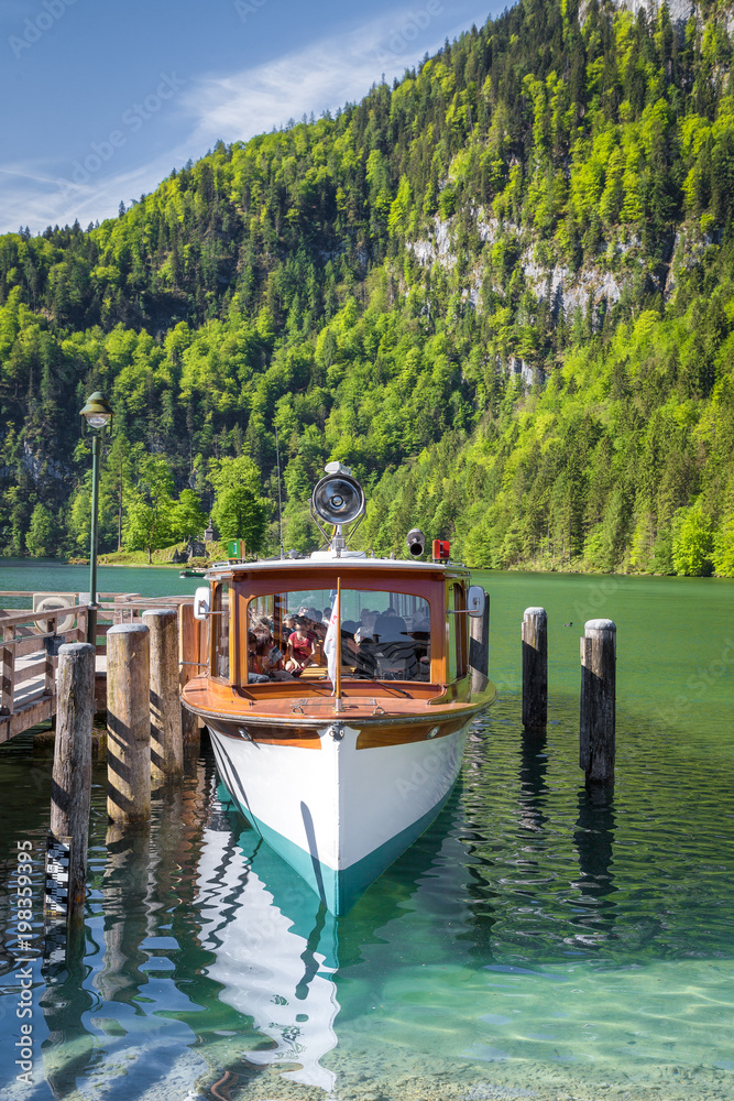 Traditional passenger boat on Königssee lake in summer, Bavaria, Germany
