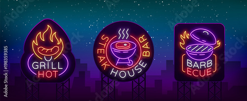 Grill is a set of neon-style logos. Vector illustration on the theme of food, meat of the same. Collection of neon signs, Grill bar, restaurant, snack bar, dining room. Barbecue, Steak House