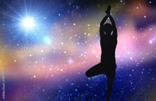 fitness, mindfulness and harmony concept - black silhouette of man doing yoga tree pose over space background