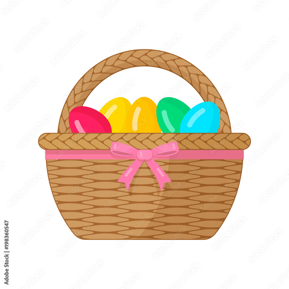 Easter basket with painted eggs tied with a pink bow. Vector flat illustration isolated on a white background.