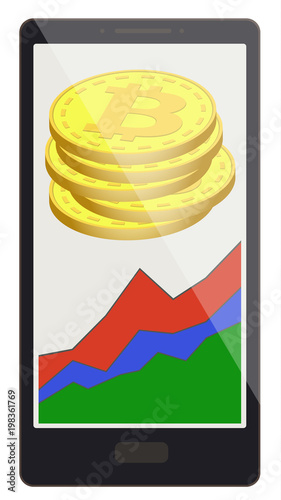 bitcoin coins with growth graph on a phone screen