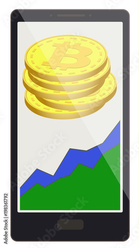 bitcoin coins with growth graph on a phone screen