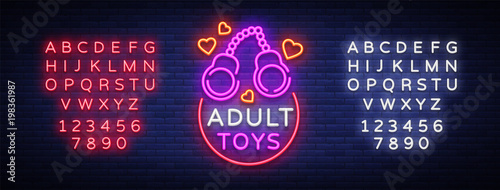 Adult toys logo in neon style. Design template, sex shop neon signs, light banner on the theme of the sex industry, vivid neon ad for your projects. Vector illustration. Editing text neon sign