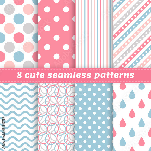 Set of 8 cute seamless vector patterns with geometrical shapes