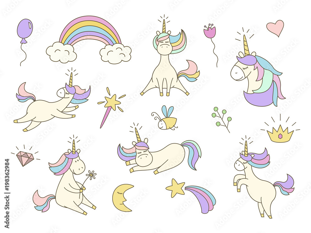 Set with cute unicorns on white background.