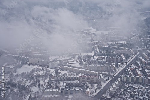 Aerial view of city Tallinn in foggy day 