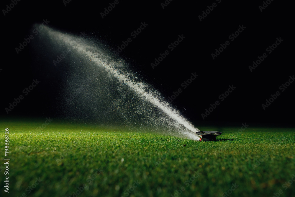automatic lawn sprinkler spraying water over golf course green grass at night - obrazy, fototapety, plakaty 
