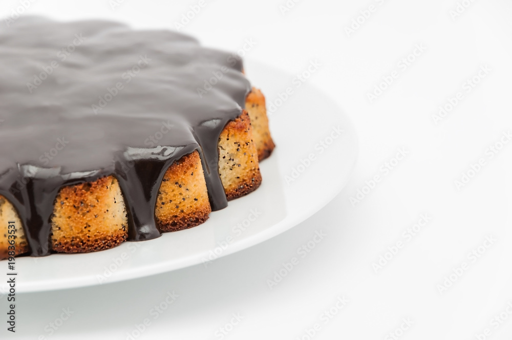 Half of a manga cake with chocolate sprinkled on a plate on a white background on the left. Isolated. Half of a manga cake with chocolate sprinkled on a plate on a white background on the left. Isolated.