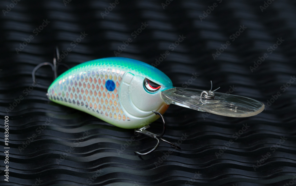 Closeup of a crankbait style fishing lure with treble hooks on a black  background. Lure is
