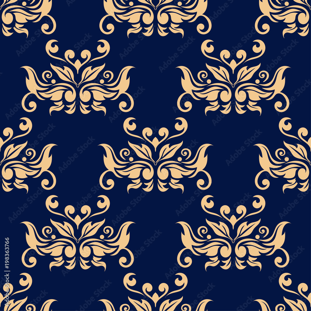 Golden floral seamless pattern on blue background