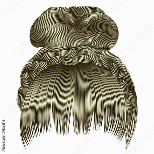 bun with plait and fringe. hairs blond light colors . women fashion beauty style .