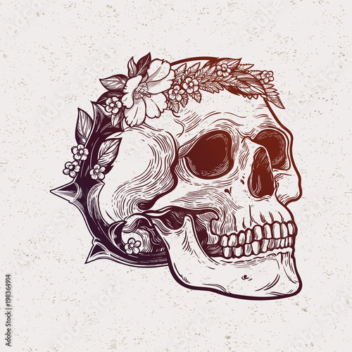 Romantic skull with wreath of flowers and thorns.