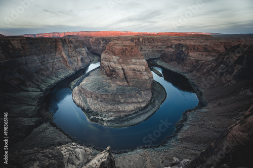 Famous rock formation of Horseshoe Bend with blue colorado river in Havasu area by Page, Arizona USA